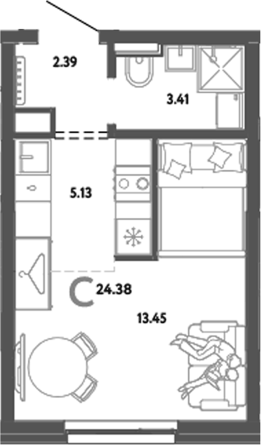 Планировка Студия, 24,38 м² в ЖК Уральский сад